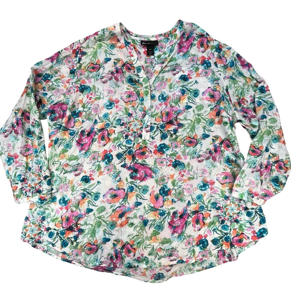 Lane‎ Bryant Womens Tunic Blouse Multicolor Floral Cotton Boho Spring 26/28